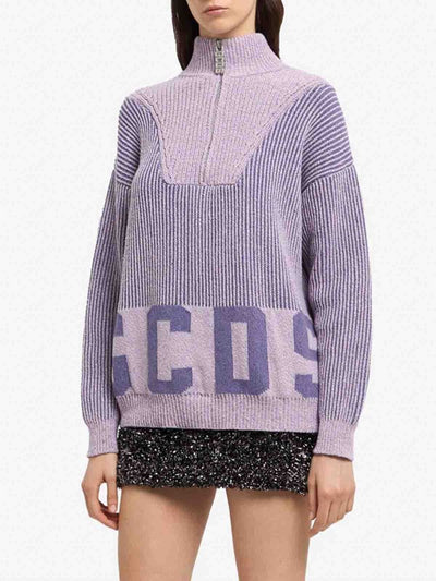Maglione A Mezza Zip Con Logo Basso A Coste