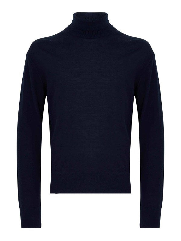 Maglione In Lana Blu A Collo Alto