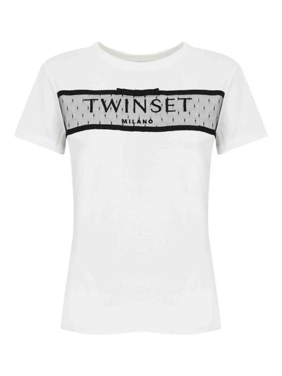 T-shirt In Cotone Con Ricamo Logo E Tulle