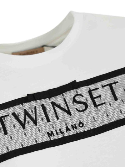 T-shirt In Cotone Con Ricamo Logo E Tulle