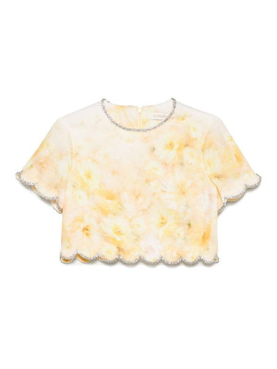 Top Corto In Lino Giallo Con Stampa Floreale