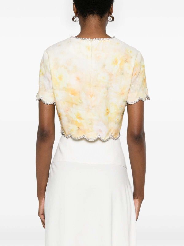 Top Corto In Lino Giallo Con Stampa Floreale