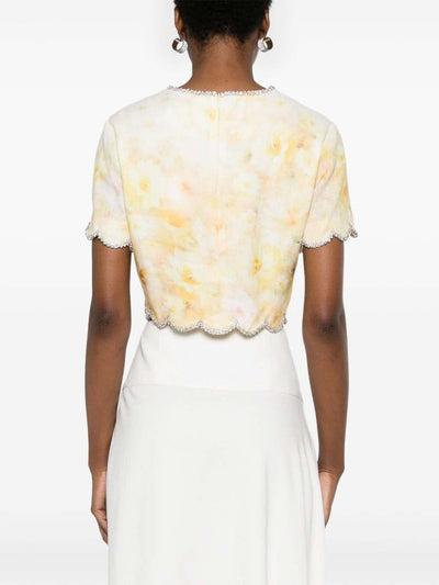Top Corto In Lino Giallo Con Stampa Floreale