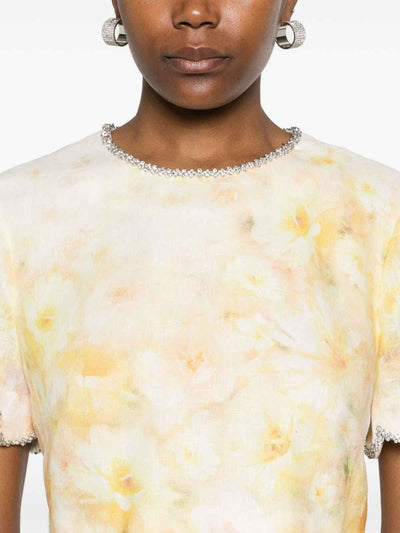 Top Corto In Lino Giallo Con Stampa Floreale