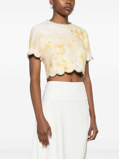 Top Corto In Lino Giallo Con Stampa Floreale
