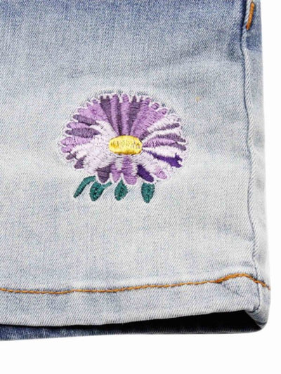 Gonna In Denim Con Ricamo Fiore Blu
