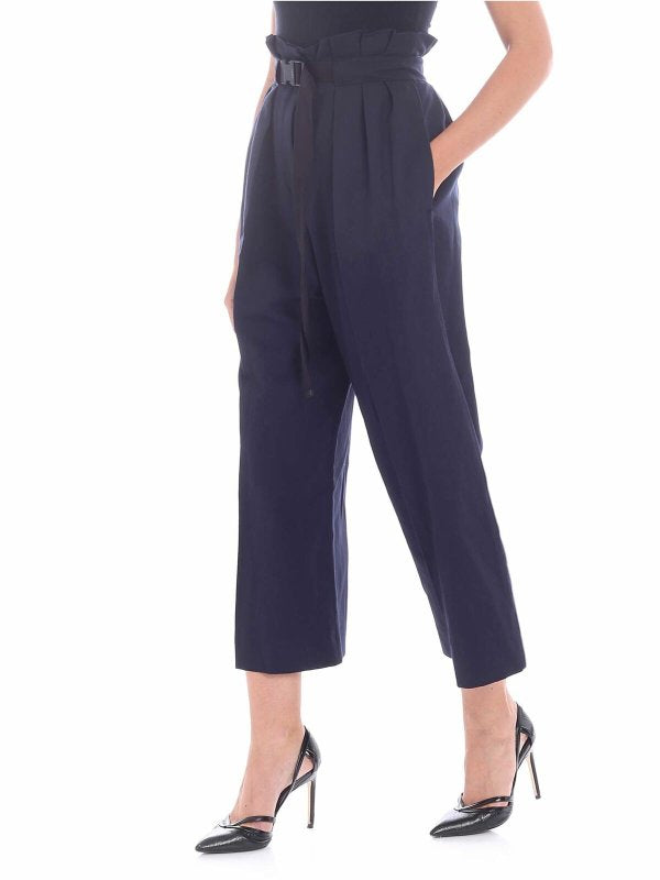 Pantalone A Palazzo Blu Con Pieghe